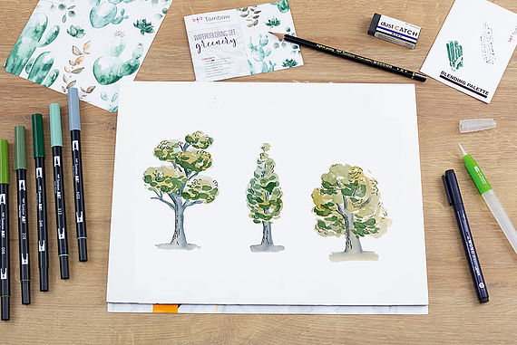 Paint a tree in a loose watercoloring style