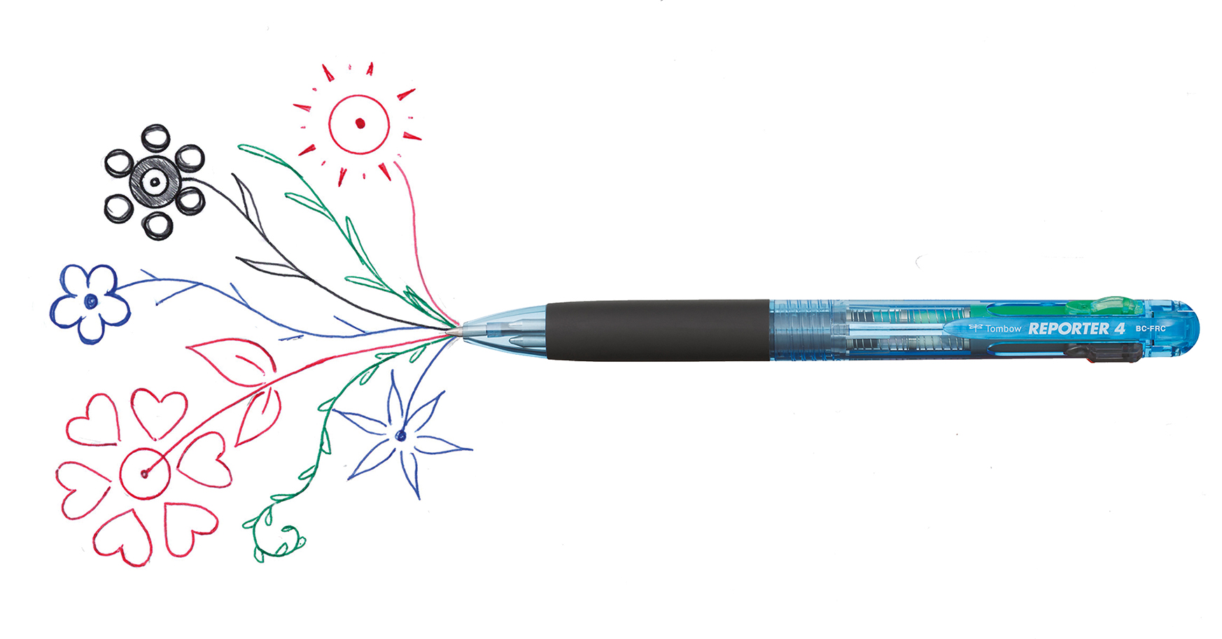 Ein transparenter Mehrfarbstift mit vier Tintenfarben liegt auf weißem Untergrund. Von seiner Spitze aus gehen gezeichnete Linien in Schwarz, Blau, Rot und Grün hervor, die Blumen, Blätter und eine Sonne bilden.