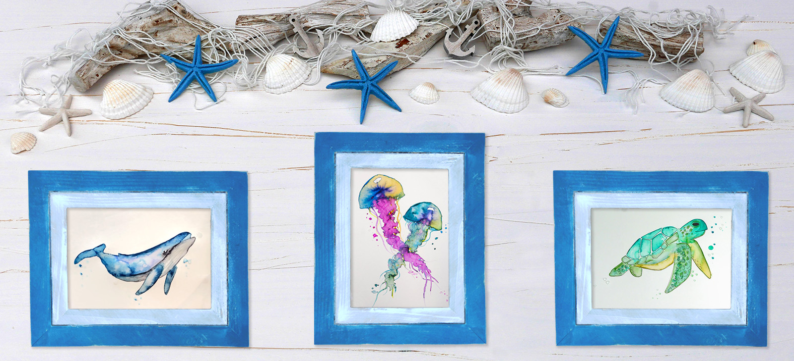 Bilderrahmen mit Watercoloring Kunstwerken - Wal, Qualle, Schildkröte