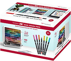Tombow ABT Dual Brush Pen Marker Desktop Organizer with 107 colors + blender