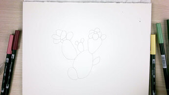 Une fine esquisse au crayon d'un cactus en fleurs, entourée de Dual Brush Pens ABT dans des tons de vert, de rouge et de jaune.