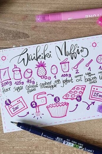 Eine handgezeichnete Rezeptkarte für "Waikiki Muffins" mit Sketchnotes und Lettering liegt auf einem Holzuntergrund, umgeben von pinken und violetten Markern. Ein Fudenosuke-Stift liegt daneben, während Mehlspritzer die kreative Backszene ergänzen.