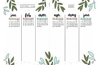 Bunt verzierter Future Log für das erste Halbjahr 2021 im Bullet Journal, mit kleinen Kalenderübersichten und Blätter-Illustrationen.