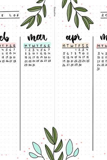 Kleurrijk Toekomstlogboek voor de eerste helft van 2021 in een bullet journal, met kleine kalenderoverzichten en pagina-illustraties.