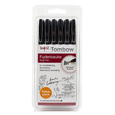 Coffret Tombow Fudenosuke comprenant 1+5 stylos pinceaux à pointe dure et souple, noir