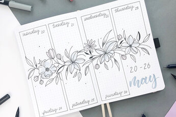 Ein Bullet-Journal mit einer Handlettering-Wochenübersicht und detaillierten floralen Zeichnungen in Schwarz und Grau.