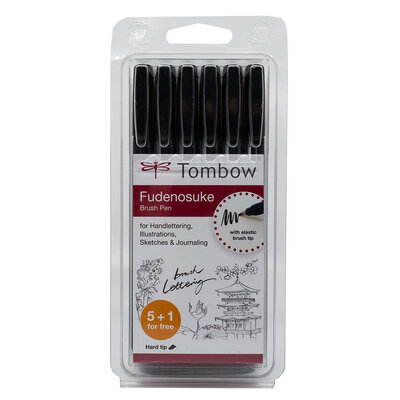 Coffret de feutres pinceaux Tombow Fudenosuke 5+1, pointe dure, noir