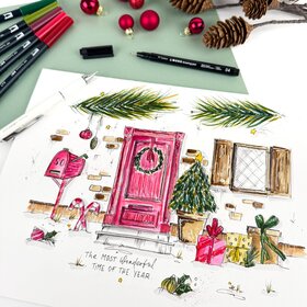 Urban Sketching Weihnachtliche Haustür