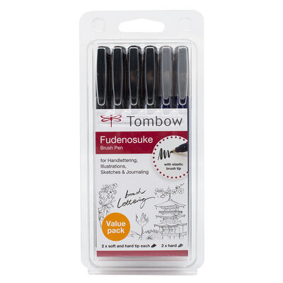 Tombow Fudenosuke Brush Pen 5+1 Set, Schwarz und Grau
