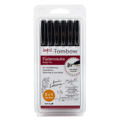 Coffret de feutres pinceaux Tombow Fudenosuke 5+1, pointe souple, noir