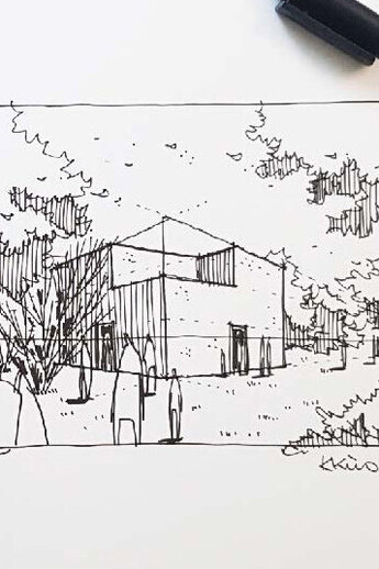 De schets krijgt steeds meer vorm. Door precieze lijnen en gedetailleerde uitwerkingen wordt de architectonische voorstelling steeds duidelijker en gestructureerder.