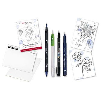 Ein Tombow One Line Art Set mit verschiedenen Zeichenstiften, einer Blending Palette und Vorlagen für kreative Illustrationen.