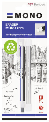 Stylo-gomme MONO zero classique pointe rectangulaire blanc/bleu/noir + recharge