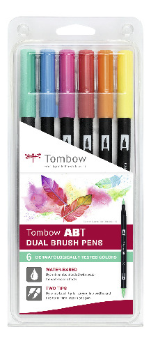 Tombow ABT Dual Brush Pen Set de 6 couleurs testées dermatologiquement